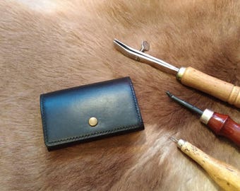 Italian vegetable tanned leather black card holder coin case