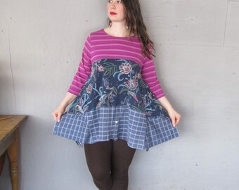 Sale upcycled tunic dress wearable art clothing L X L Lagenlook recycled shirt repurposed cotton sustainable pink blue LillieNoraDryGoods