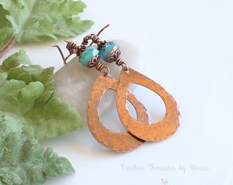 Copper Earrings, Copper Teardrops, Aquamarine Czech Beads, Southwest Earrings, Rustic Earrings, Hammered Earrings, Mother's Day Gift
