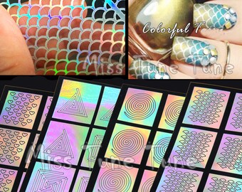 12 Styles Pack Nail Vinyls Stencils Nail Art Stickers Multiple Use Silver Laser Color