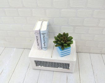 Green purple Echeveria in striped light blue and white vase for dollhouse in 1:12 scale