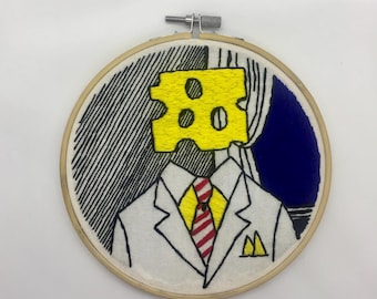 Cheese Head by Lichtenstein recreation hand made embroidery 6 inch hoop