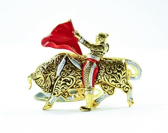 Vintage Spanish Bullfighter Brooch - Damascene - Golden Brooch - Matador Brooch - Made in Spain - 12k Gold Plated Brooch - Vintage Jewelry