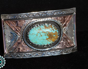 Sterling Silver • Copper • Turquoise • Buckle • Blue • Southwestern • Handmade • Turquoise Buckle • Gemstone Buckle • Kingman Turquoise
