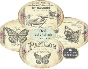 Butterfly Papillon Oval 3.5 x 2.5 inch Butterflies Printable Etiquettes Instant Download digital collage sheet O110