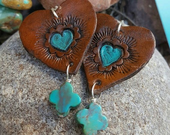 Heart Earrings - Hand Tooled Leather Earrings - Cowgirl Jewelry - Dark Brown Leather - Turquoise - Sterling Silver - Western Jewelry