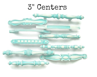 CLEARANCE Lot of 10 vintage drawer pulls - All with 3" centers - All different - Distressed White Aqua Turquoise - Eclectic Collection