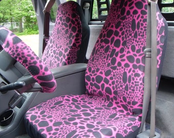 1 Set of Black/Pink Leopard Print and Steering Wheel Cover Custom Made.