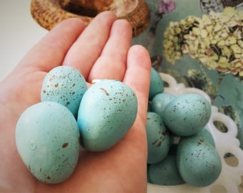Robin Eggs Set of 3 Hand Sculpted & Painted Aqua Blue Life-size Faux Brown Speckled Bird Eggs ~ Handmade Shabby Boho Wedding Spring Decor