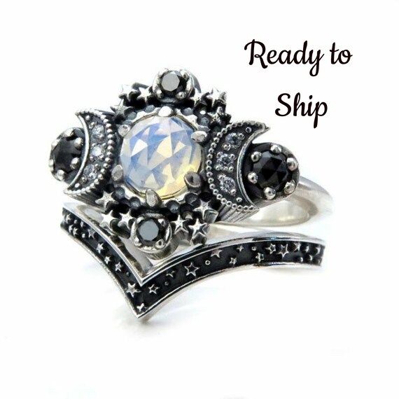 Ready to Ship Size 6 - 8 Cosmos Moon and Star Ring - Opalite Quartz with Black and White Diamonds with Stardust Chevron Wedding Band