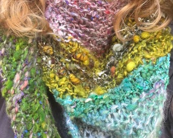 Handknit handspun shawl art yarn OOAK