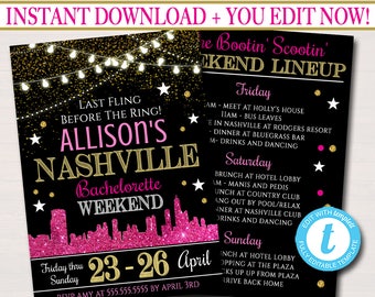 EDITABLE Nashville Tennessee Bachelorette Party Invitation, Nash Bash Party Invite, City Skyline Country Weekend Itinerary INSTANT DOWNLOAD