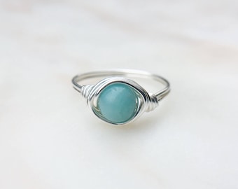 Amazonite Ring, Blue gemstone ring, Wire Wrapped ring, Sterling silver ring, Blue stone ring, Statement ring, Boho ring, Gift