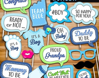 Baby Shower Photo Booth Props, Baby Shower Photo Props, Blue Boy Baby Shower Party Decor Printables, Instant Download PB21