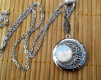 Lunette - Moon inspired silver locket with vintage glass moon stone - lunar crescent moon necklace