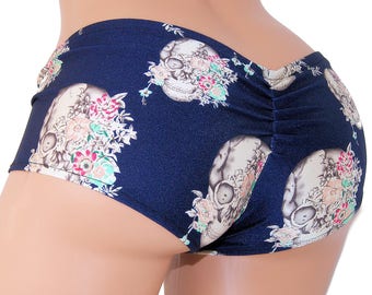 Skulls and Japanese Flowers Blue Scrunch Butt Lo Rise Booty Shorts Adult XS Xsmall- MTCoffinz - Ready to Ship
