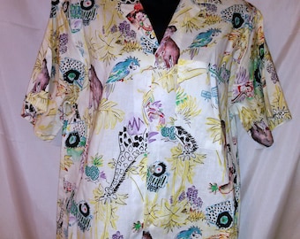 BIG HOLIDAY SALE-70s Vintage Novelty Print-Hawaii Mans Mod Shirt-Collar Loop-Bonhomme-Beach-42" Chest-Medium-Resort-Funny Animal Print