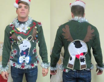 Custom Made to Order Homemade Funny 3-D Hysterical Cow Spotted Reindeer Tacky Ugly Christmas Sweater Wild Garland light up Bowtie