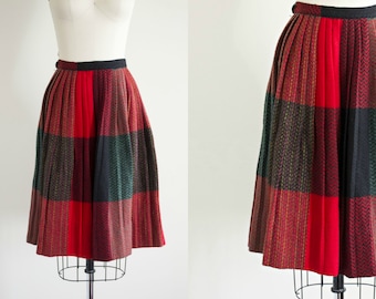 vintage 50s style plaid wool skirt . 1960s - 1970s red pleated midi full skirt . small