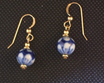 Vintage Chinese Blue and White Porcelain Earrings All Gold Filled