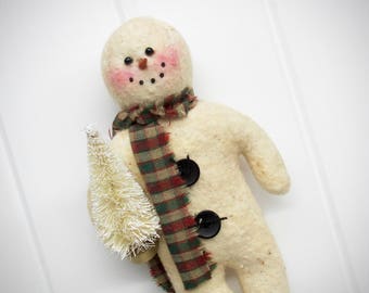 Primitive Snowman Ornament with Tree