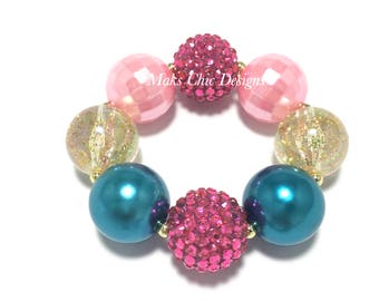 Toddler or Girls Pink, Teal and Gold Chunky bracelet - Princess Pink chunky bracelet - Unicorn Chunky Bracelet - Girls Pink Mermaid Bracelet