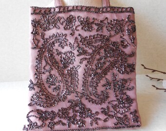 Pink Evening Bag, Beaded Evening Bag, Pink and Black, Vintage Evening Bag, Romantic Purse, Small Rose Purse EB-0396
