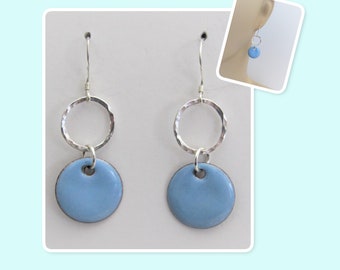 Sky Blue Circle Enamel Sterling Silver Hammered Circle Earrings