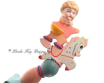 Boy Riding Horse Art Doll Sculpture Mixed Media One of a Kind Assemblage Art Wood Doll Nursery Art Decoration Baby Shower Gift