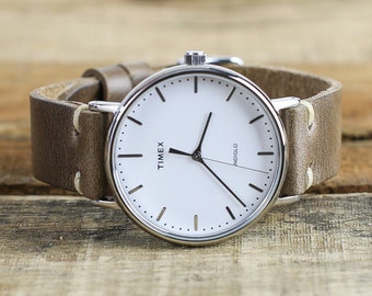 Timex + Leather Watch Strap Combo // Horween Leather Watch Band in Natural Chromexcel // 41mm Silver Timex Weekender Fairfield