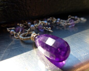 Purple Amethyst, Iolite and freshwater Pearl Necklace Sterling Silver ~ Handmade