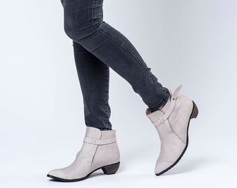 Cream Leather Booties / Women Leather Shoes / Lizard Pattern Leather Casual Boots / Designers Shoes / High Heels Winter Shoes - Tumarkin
