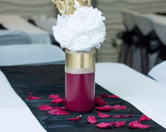 Burgundy/Gold Centerpiece w/ White Pomander Kissing ball & Gold Crown
