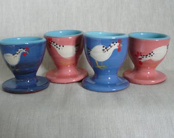 Egg cups Pottery egg cups. Set of four egg cups. Chicken egg cups. Egg cups in blue or pink.