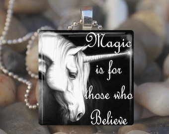 UNICORN MAGIC Fairy Tale Fantasy Glass Tile Pendant Necklace Keyring