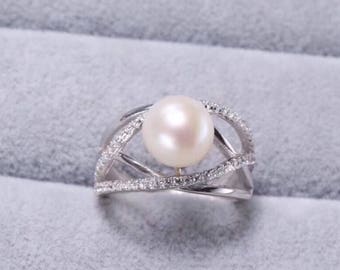 Sterling silver natural white freshwater pearl ring - unique modern silver pearl ring- engagement pearl ring