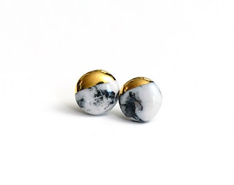 Marbled Porcelain Studs - bridesmaids jewelry - porcelain jewelry - dipped in gold - porcelain earrings