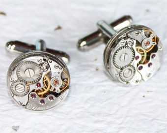 Steampunk Cufflinks: Rare RUSSIAN Pinstripe Etched Vintage Silver Watch Movement Men Steampunk Cufflinks Cuff Links Men Wedding Gift for Men