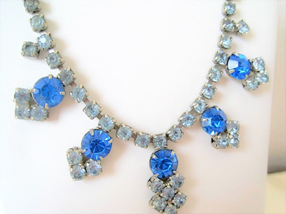 Art Deco Blue Necklace, Sapphire Blue Rhinestones, Wedding Prom Choker