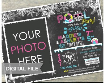 Joint Pink Winter Pool Birthday Party Chalkboard Invitation Snow Indoor Pool Girls Boys - Photo - DIGITAL Printable Invite - 5” x 7”