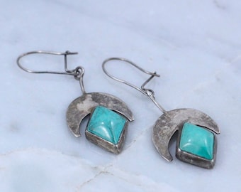 Vintage Sterling Silver Tribal CRESCENT MOON & TURQUOISE diamond shaped Earrings ~ Goddess / Sacred Feminine / witchy / festival