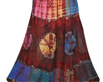Deep Red Tie Dye GEORGETTE Long Skirt A-Line Floral Embroidered Ethnic Summer Style Maxi Skirts
