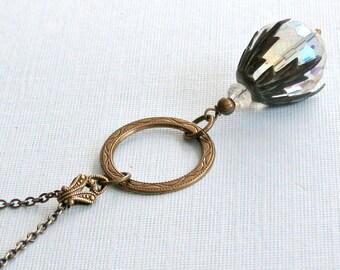 Large Crystal Ball Necklace - Long Necklace, Patina Necklace, Verdigris Necklace, Crystal Jewelry