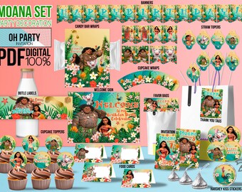 Moana birthday decorations PRINT YOURSELF, Moana party printables, Moana party supplies, Moana invitation, Banner, welcome sign, candy wraps