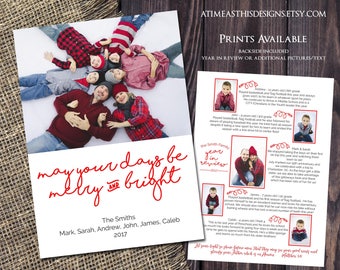 MERRY AND BRIGHT Christmas Card - Year in Review Backside Included - Digital/Printable