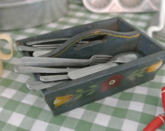 Tole Painted Wood Tote Child Size Silverware Miniature