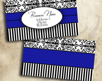 Blue Black & White Damask Business Card Template Digital INSTANT DOWNLOAD 3.5 x 2 Inches Calling Card Elegant Design (BC21)