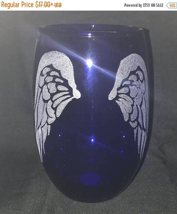Angel Wings etched stemless wine glass wings angel
