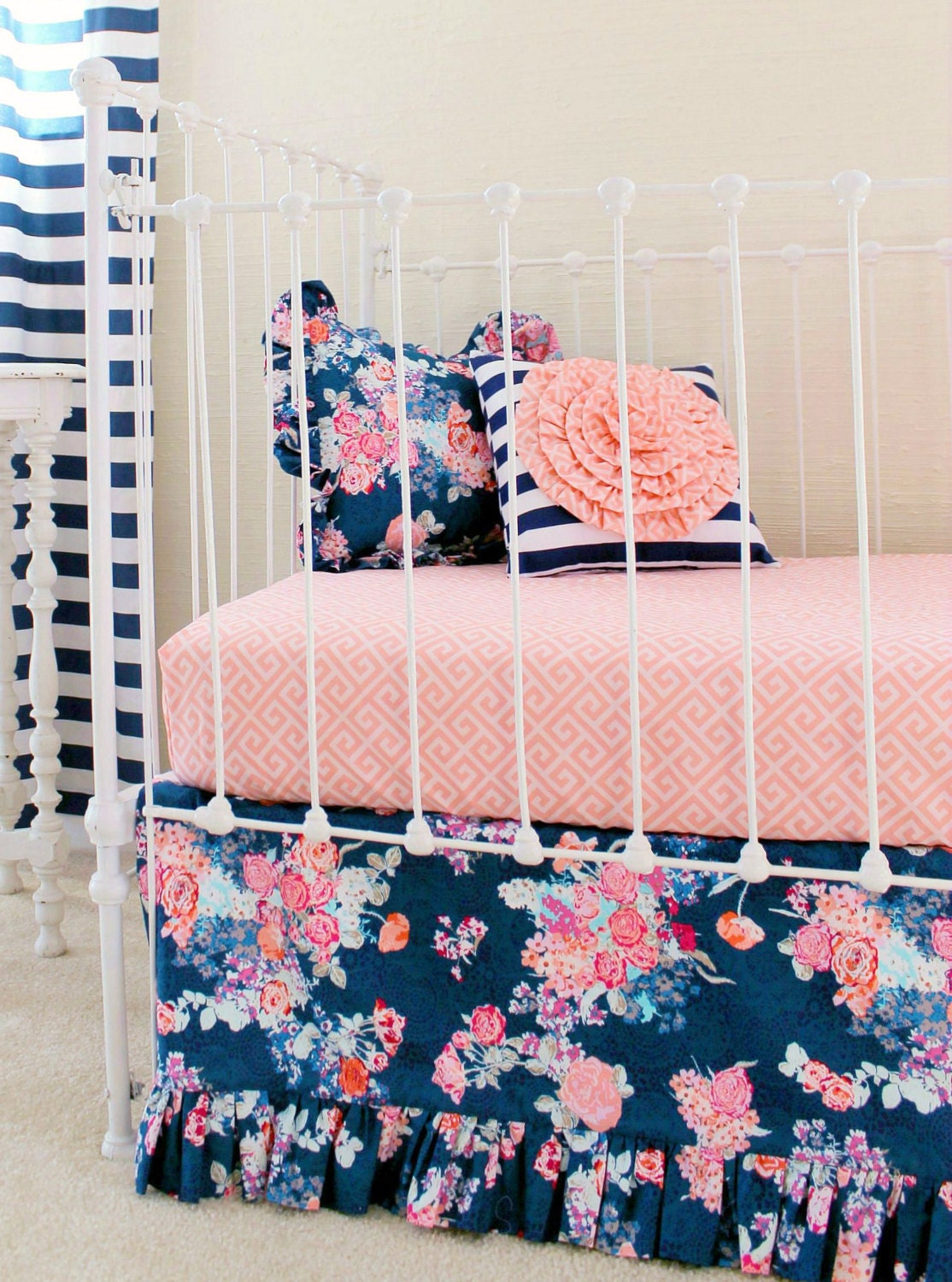 Navy Floral Crib Bedding Baby Girl Bedding Coral and Navy