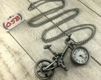 Bicycle watch necklace, watch pendant, bike watch necklace, silver necklace, long layering necklace, gift for her, under 25